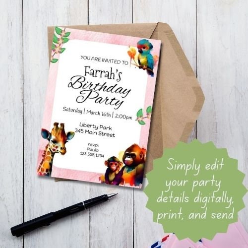 Printable Birthday Invitations | Jungle Themed Party Invitations | Editable Birthday Party Invitations | Safari Birthday | Jungle Birthday