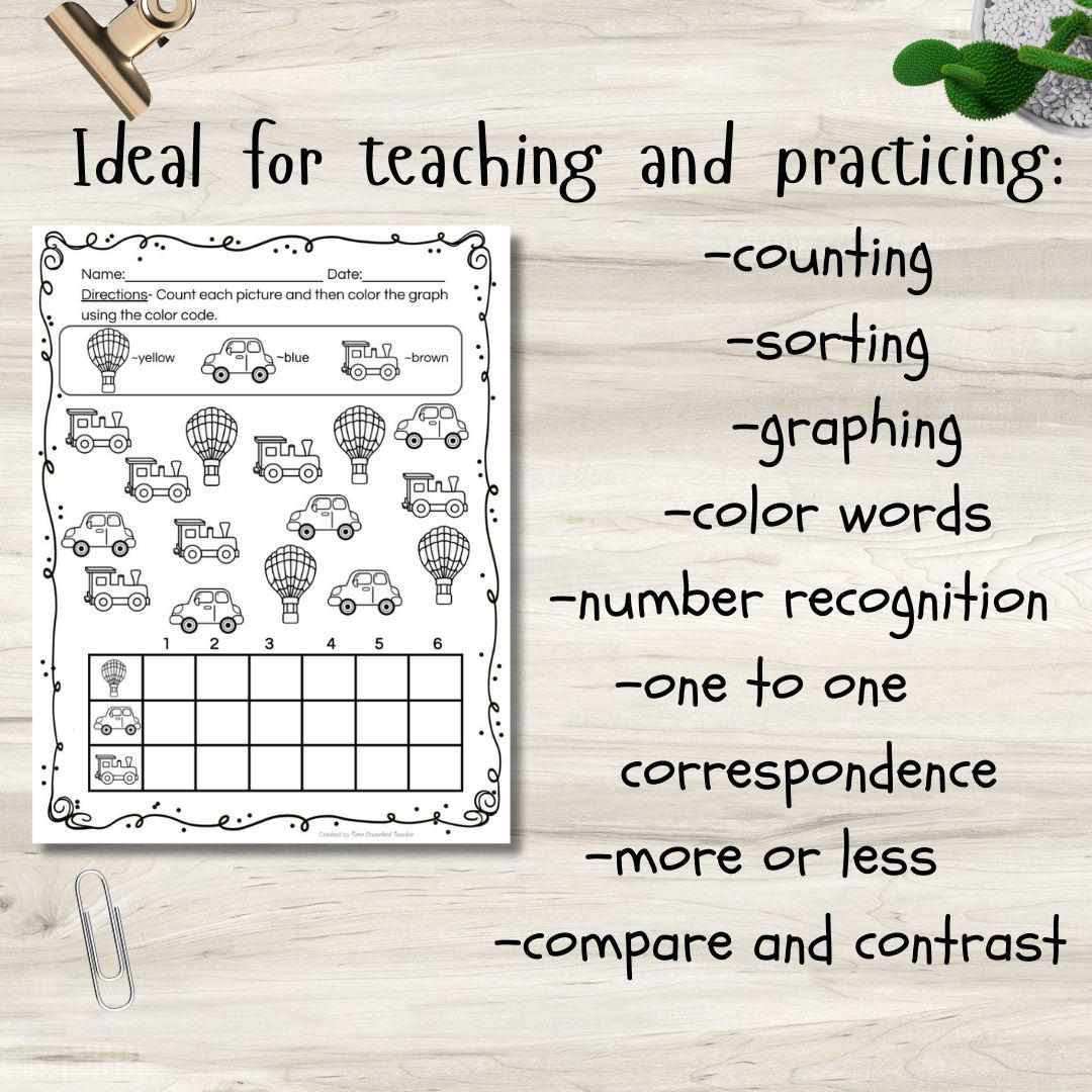 Printable Kindergarten Math Practice | Kindergarten Math Skills | Printable Math Assessment | Sorting and Graphing Practice 20 Pages