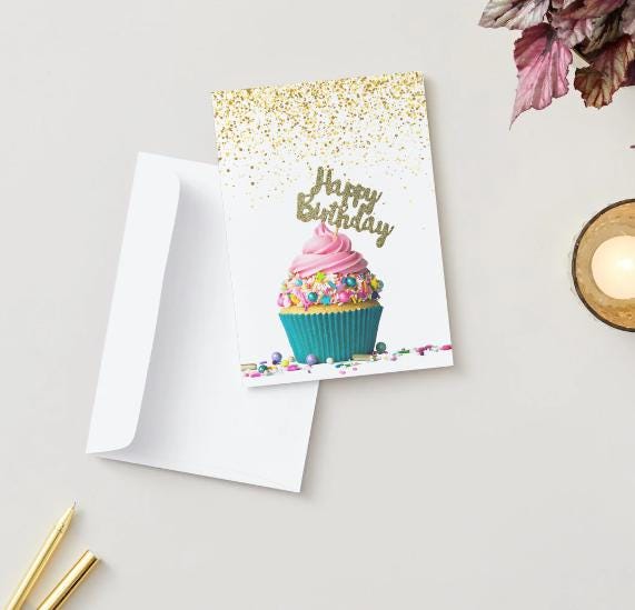 Printable Foldable Birthday Card | 5 x7 Card | Birthday Card for Kids | Cake | Birthday Cupcake Cake| Print at home | Digital Download