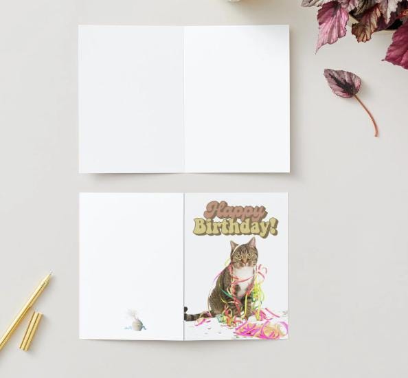 Printable Foldable Birthday Card | 5 x7 Card | Birthday Card for Kids | Cake | Birthday Cat Party | Print at home | Digital Download