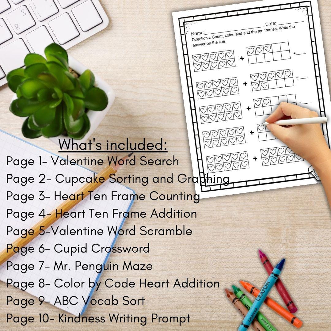 Printable Valentine's Day Unit: 10 Pages of Activities | Digital Download | Valentine Craft for Kids | Printable Valentines | 2nd Grade