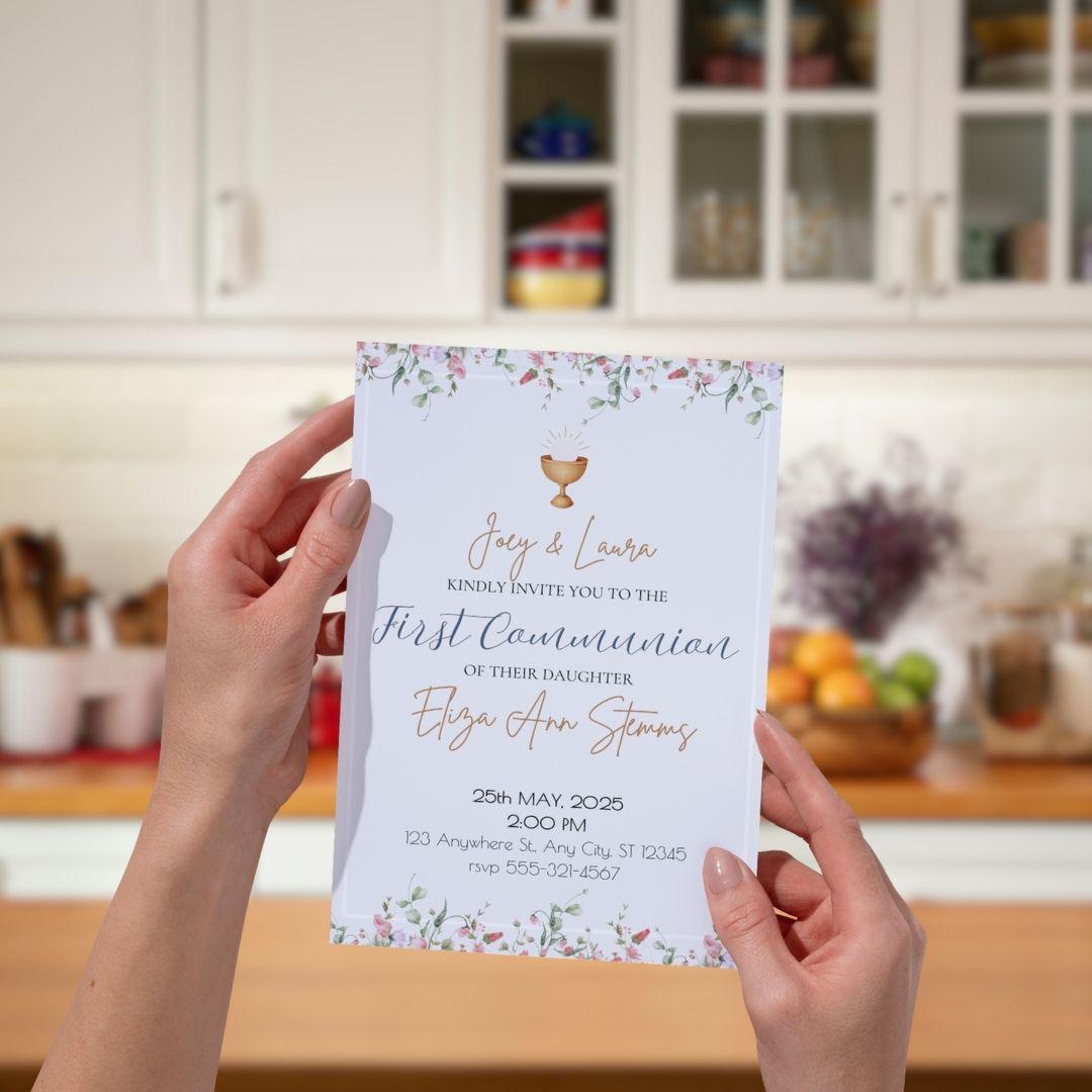 Printable First Communion Invitation | Holy Communion Card | Editable First Communion Invitation | Catholic Sacraments | Canva Template