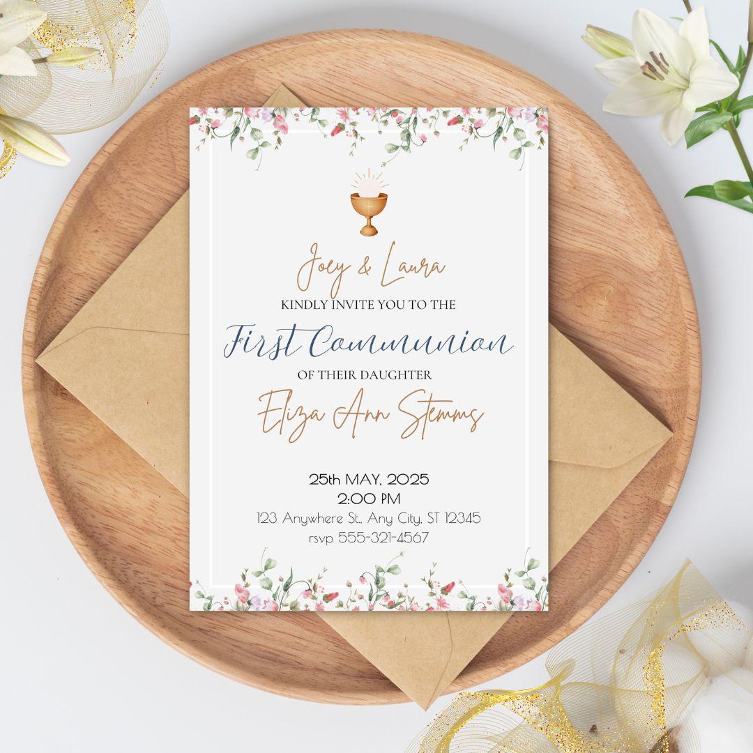 Printable First Communion Invitation | Holy Communion Card | Editable First Communion Invitation | Catholic Sacraments | Canva Template