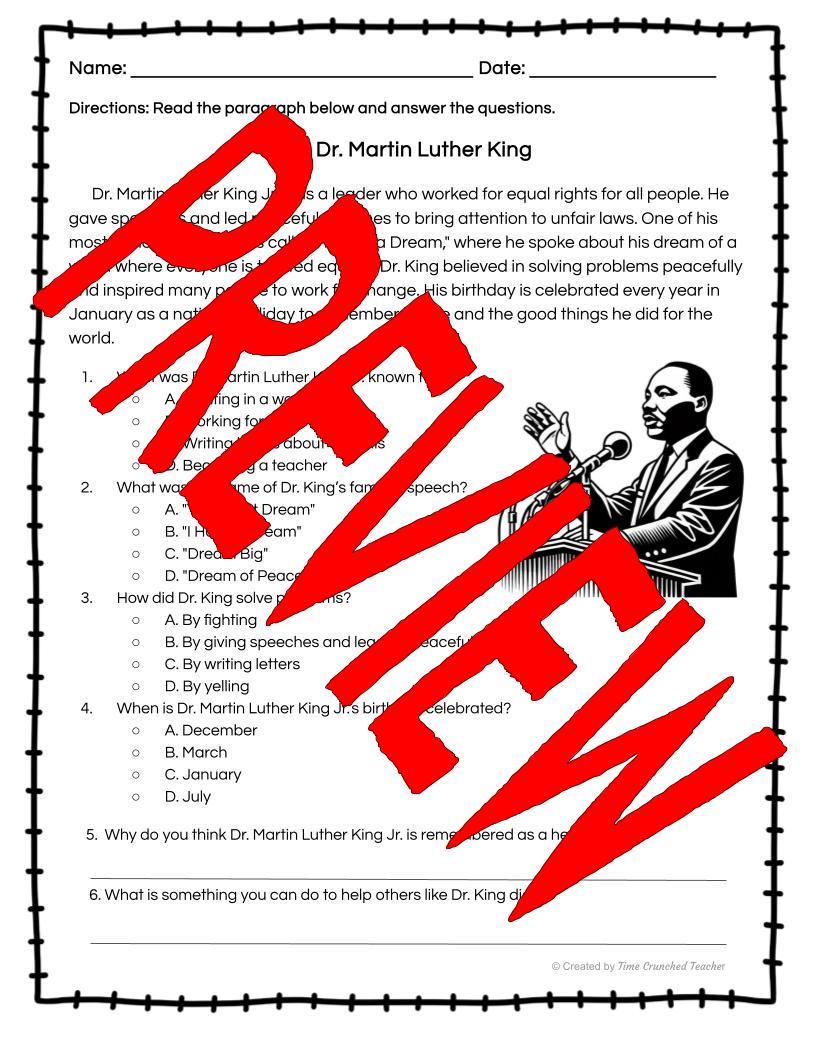 Martin Luther King, Jr. Bio for Kids | MLK Day Lesson for kids | Martin Luther King Quiz | Digital Download | Reading Passage and Questions