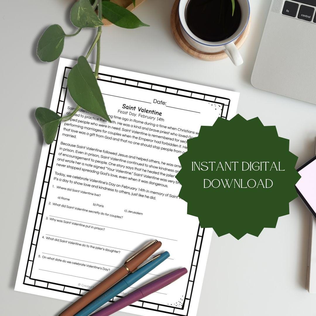 Printable Saint Valentine Unit | 6 Pages of No Prep St. Valentine Activities | Digital Download | Sunday School Craft | Catholic Craft