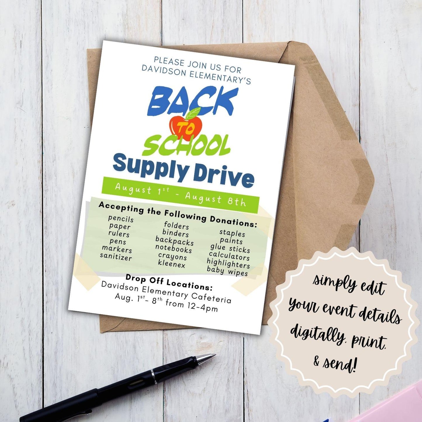 Printable Back to School Supply Drive | School Supply Drive | Back to School | Editable Template | Canva Template | Editable Poster