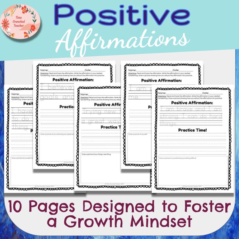 Positive Affirmations Activity Pack | 10 Pages to Encourage A Growth Mindset | Emotional Awareness and Regulation | Behavior Modification