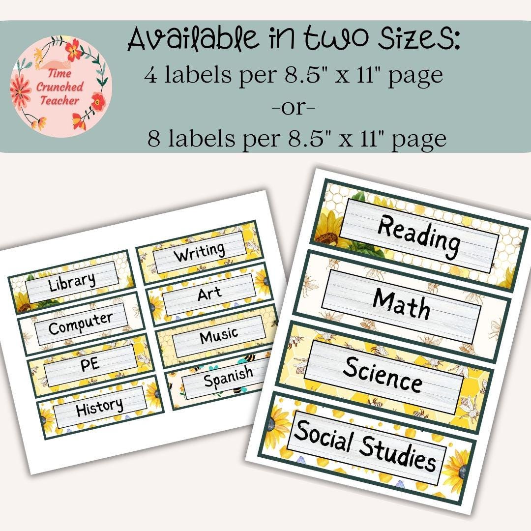 Bee Themed Subject Labels | 32 Printable Classroom Schedule Cards in 2 Sizes | Bee Themed Classroom | Printable Schedule Cards for Kids