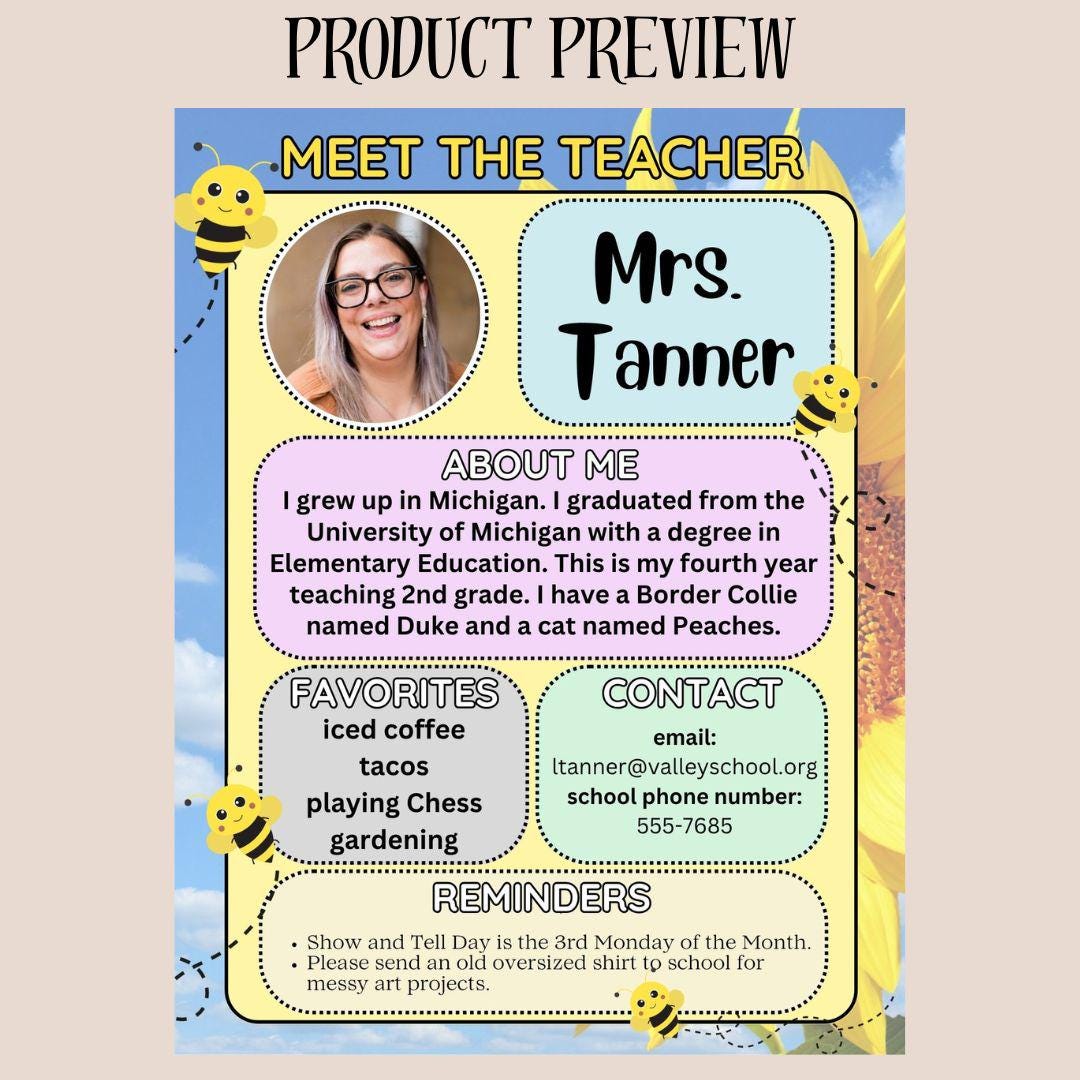Bee Themed Meet the Teacher Template | Editable Canva Flyer | Back to School Handout | First Day of School | Parent Teacher Communication