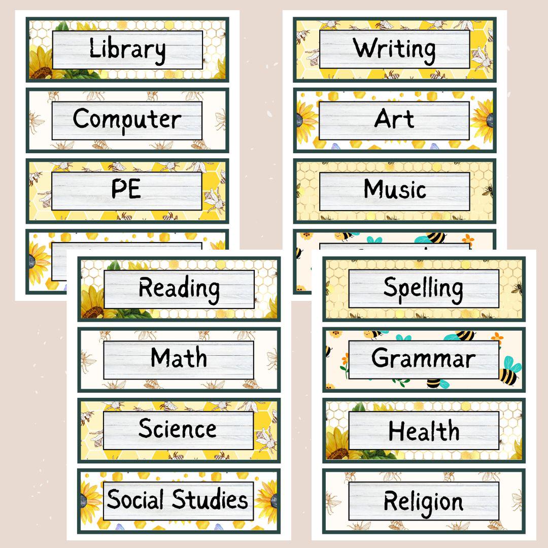 Bee Themed Subject Labels | 32 Printable Classroom Schedule Cards in 2 Sizes | Bee Themed Classroom | Printable Schedule Cards for Kids