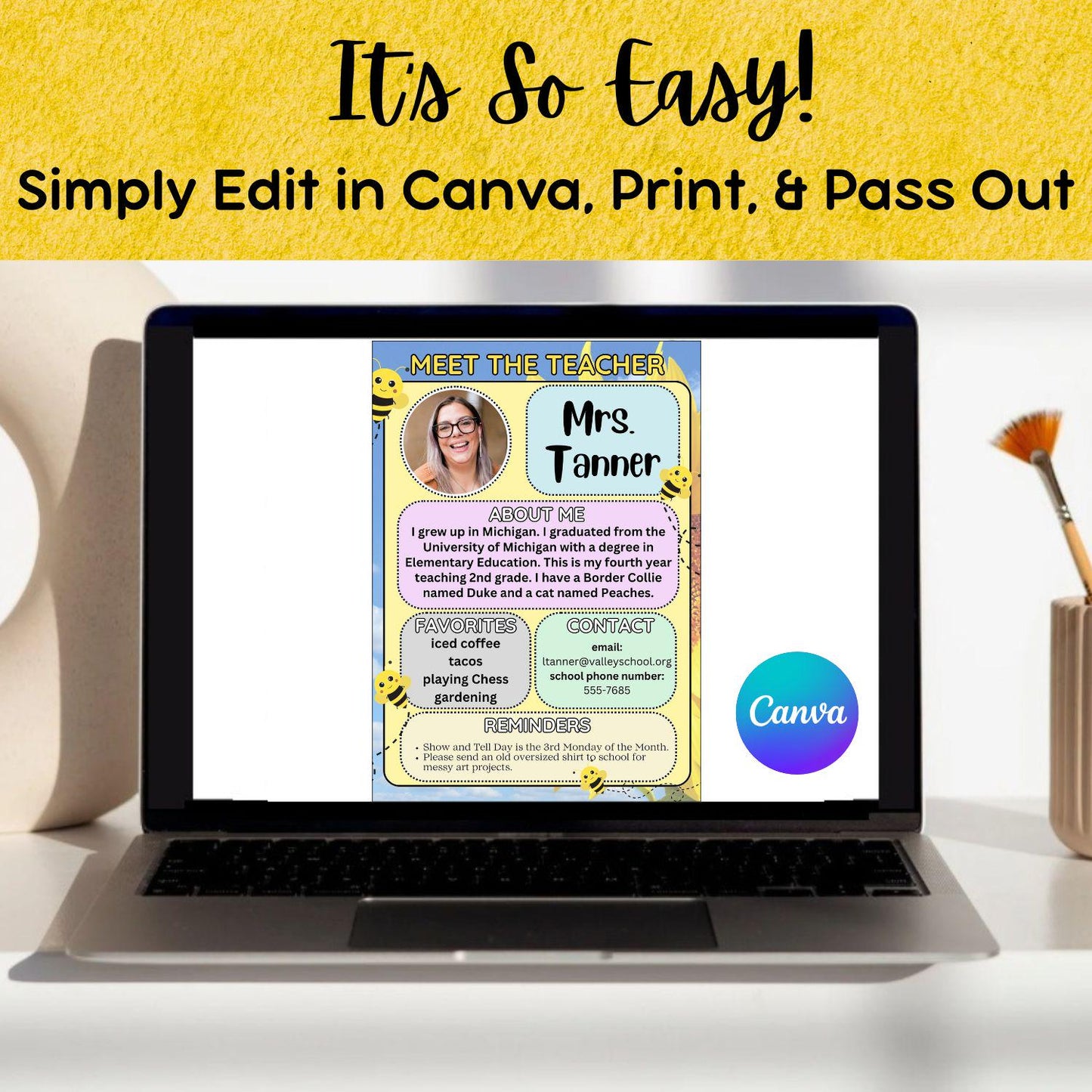 Bee Themed Meet the Teacher Template | Editable Canva Flyer | Back to School Handout | First Day of School | Parent Teacher Communication