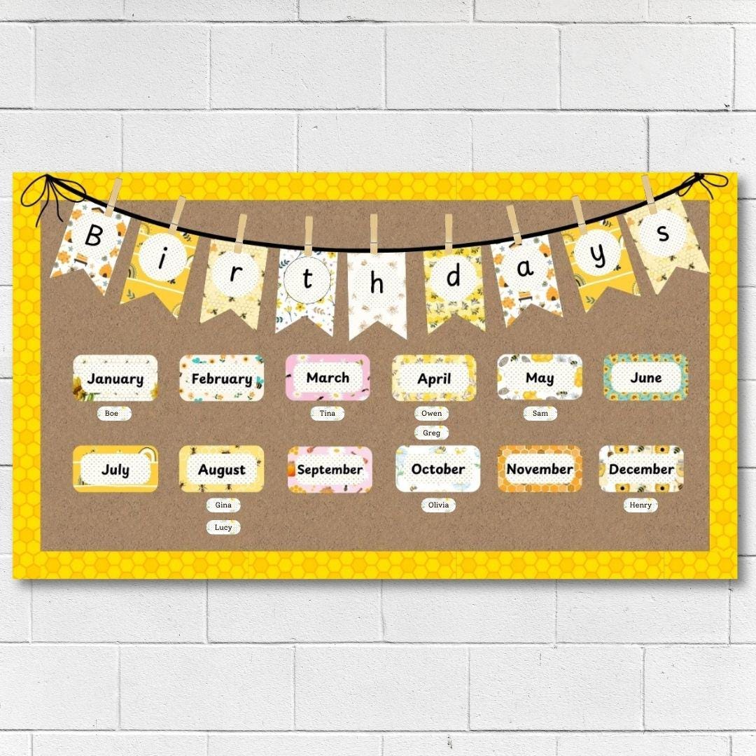 Printable Happy Birthday Bulletin Board Set | Bee Themed Classroom | Bee Themed Birthday Board | Border and Editable Name Tags Included