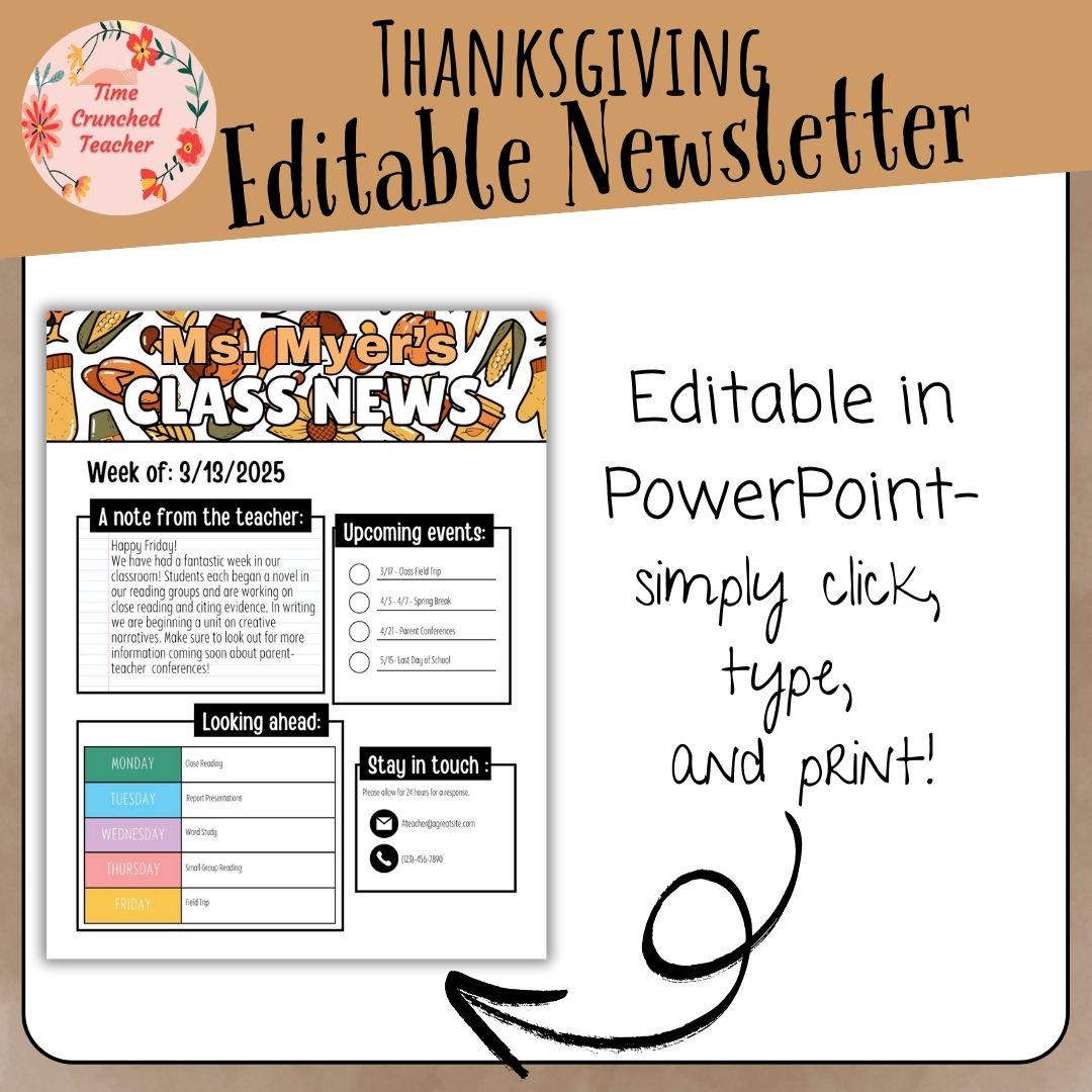 Thanksgiving Classroom Newsletter Template: Weekly Parent Communication (Editable PowerPoint File)
