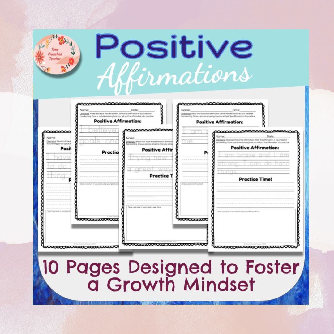 Positive Affirmations Activity Pack | 10 Pages to Encourage A Growth Mindset | Emotional Awareness and Regulation | Behavior Modification