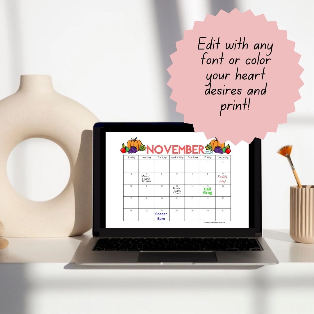 Printable November 2024 Calendar | November 2024 Calendar | Customizable Calendar Template | Editable November Calendar