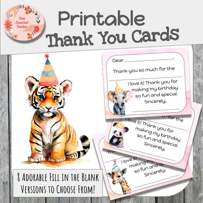 Printable Thank You Cards | Safari Themed | Fill in the Blank Thank You Cards