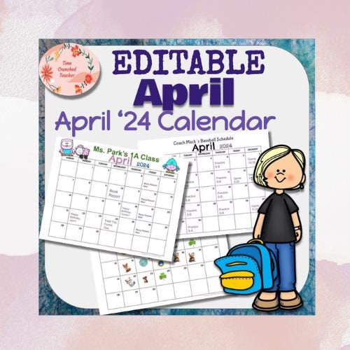 Printable April Calendar | April 2024 Calendar | Customizable Calendar Template