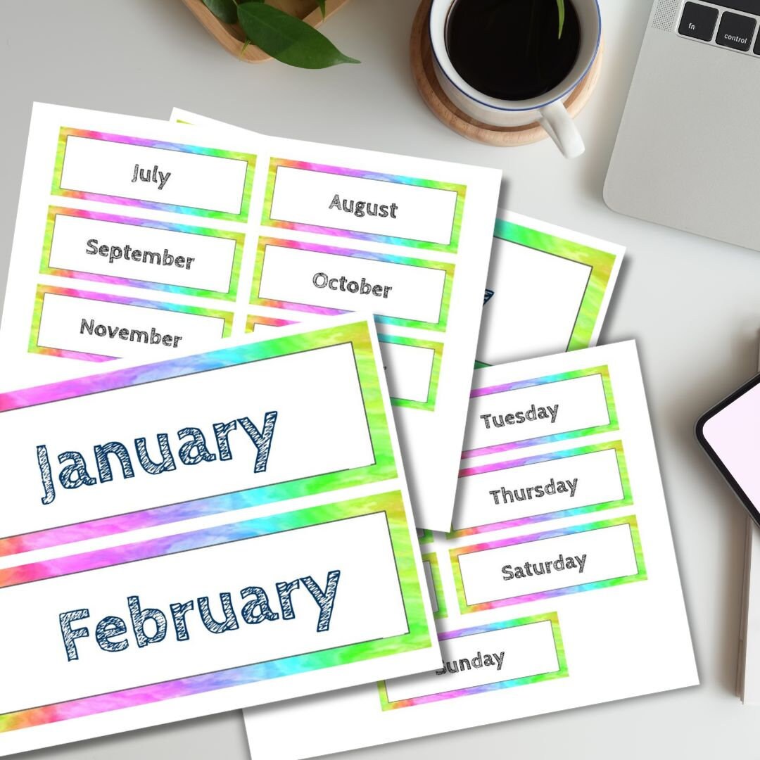 Printable Calendar Labels | Tie Dye Calendar Labels | Days of the Week Labels | Months of the Year Labels