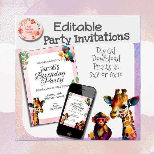 Printable Birthday Invitations | Jungle Themed Party Invitations | Editable Birthday Party Invitations | Safari Birthday | Jungle Birthday