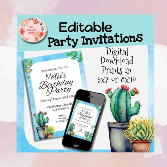 Printable Birthday Invitations | Cactus Themed Party Invitations | Editable Birthday Party Invitations | Cactus Birthday | Invitation