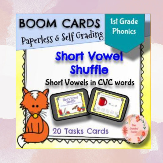 1st Grade | Short Vowels in CVC Words | Boom Cards | Self Grading Task Cards | Digital Download | Paperless Task Cards | Self Grading