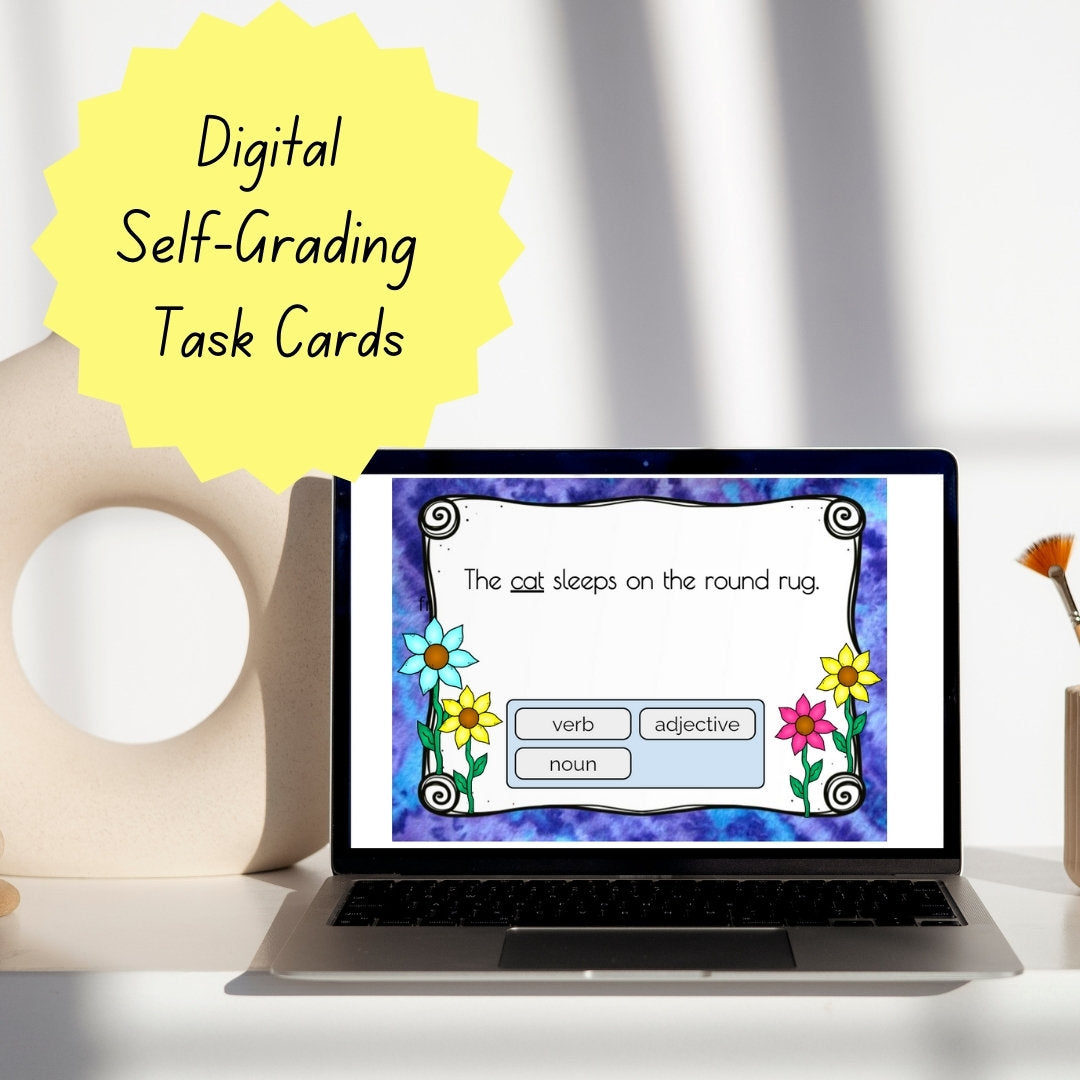 1st Grade Grammar | Verbs, Nouns, & Adjectives | Digital Boom Cards |Boom Cards | Self Grading Task Cards | Paperless Task Cards