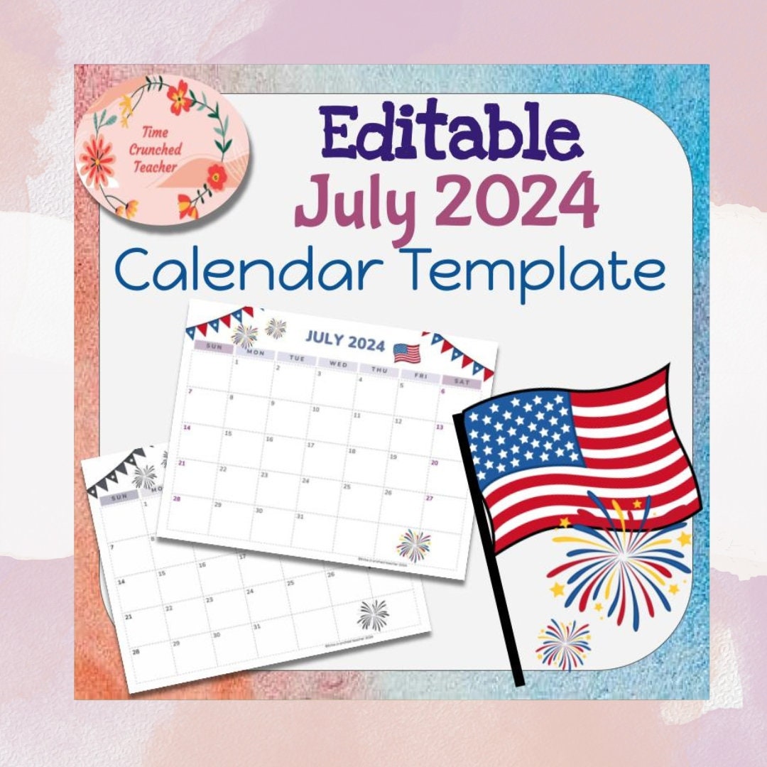 Printable July 2024 Calendar | July 2024 Calendar | Customizable Calendar Template | Editable July Calendar