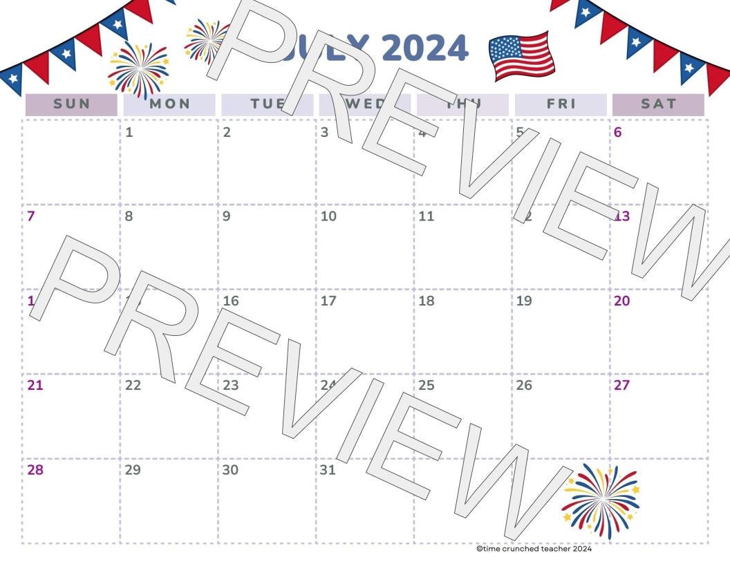 Printable July 2024 Calendar | July 2024 Calendar | Customizable Calendar Template | Editable July Calendar