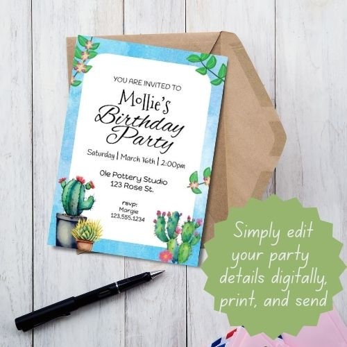 Printable Birthday Invitations | Cactus Themed Party Invitations | Editable Birthday Party Invitations | Cactus Birthday | Invitation