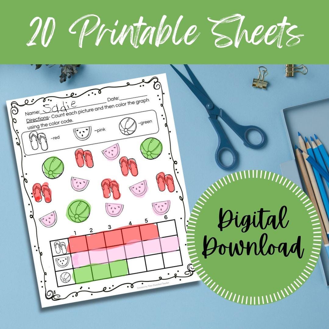 Printable Kindergarten Math Practice | Kindergarten Math Skills | Printable Math Assessment | Sorting and Graphing Practice 20 Pages