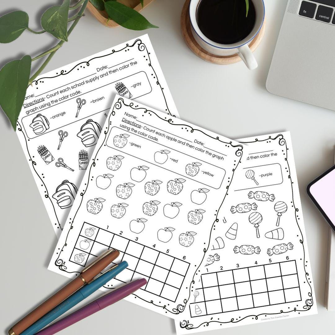 Printable Kindergarten Math Practice | Kindergarten Math Skills | Printable Math Assessment | Sorting and Graphing Practice 20 Pages