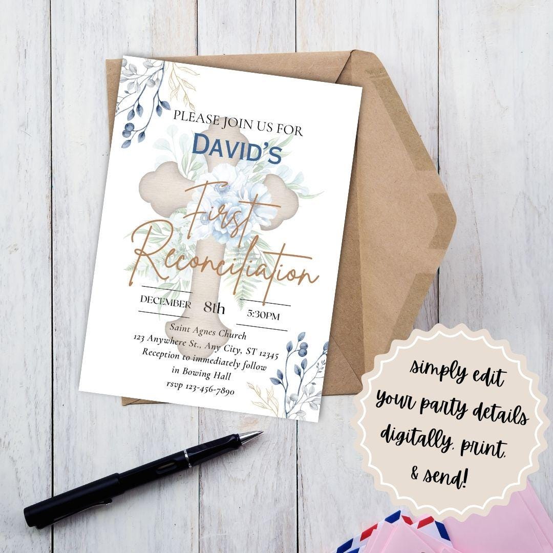 Printable First Reconciliation Invitation | Reconciliation Card | Editable First Reconciliation Invitation | Catholic Sacraments | Canva