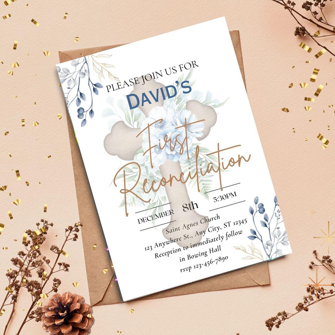 Printable First Reconciliation Invitation | Reconciliation Card | Editable First Reconciliation Invitation | Catholic Sacraments | Canva