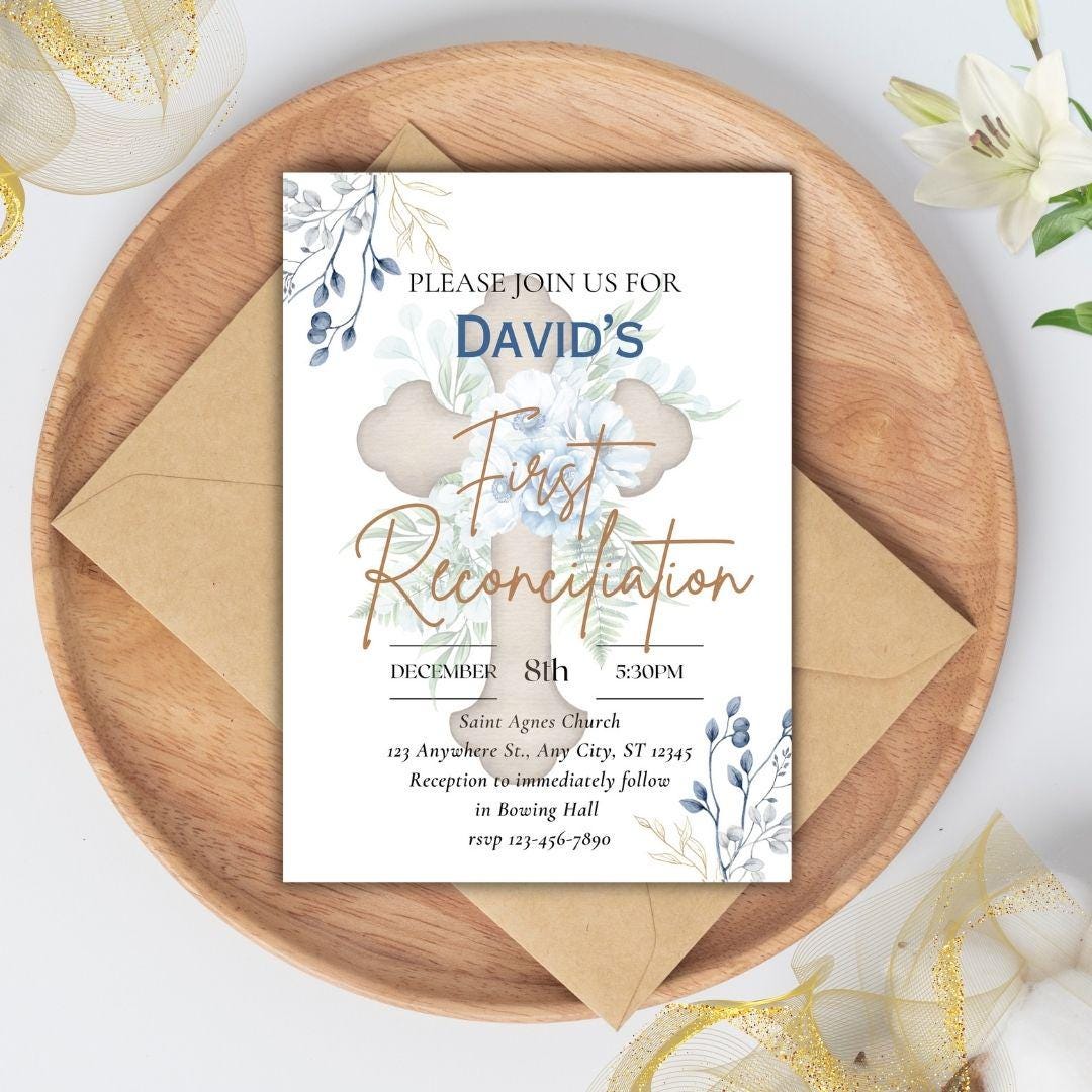 Printable First Reconciliation Invitation | Reconciliation Card | Editable First Reconciliation Invitation | Catholic Sacraments | Canva