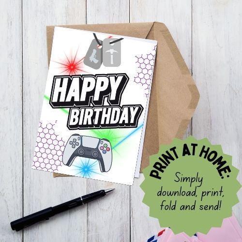Printable Foldable Birthday Card | 5 x7 Card | Birthday Card for Boy | Birthday Card for Gamer | Print at home | Digital Download