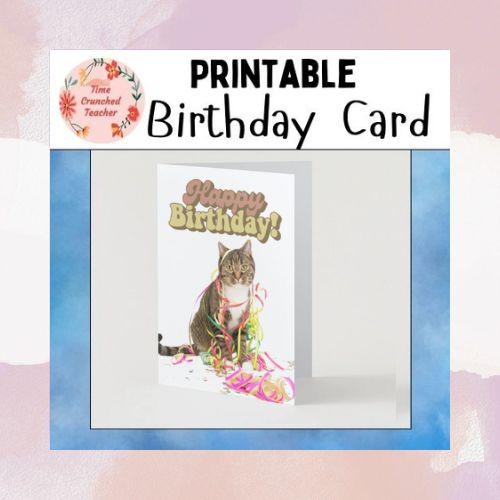 Printable Foldable Birthday Card | 5 x7 Card | Birthday Card for Kids | Cake | Birthday Cat Party | Print at home | Digital Download