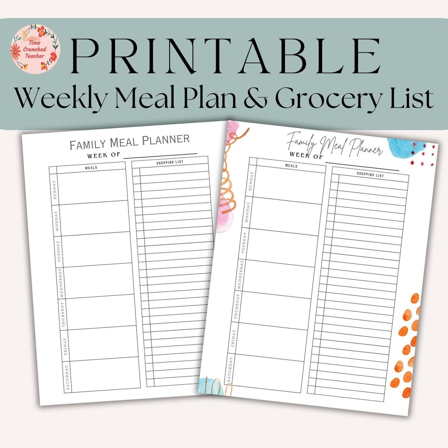 Meal Planner Printable, Weekly Food Diary, Meal Tracker, Food Journal, Menu Plan, Grocery List, Fitness, Health, Minimalist | PDF download