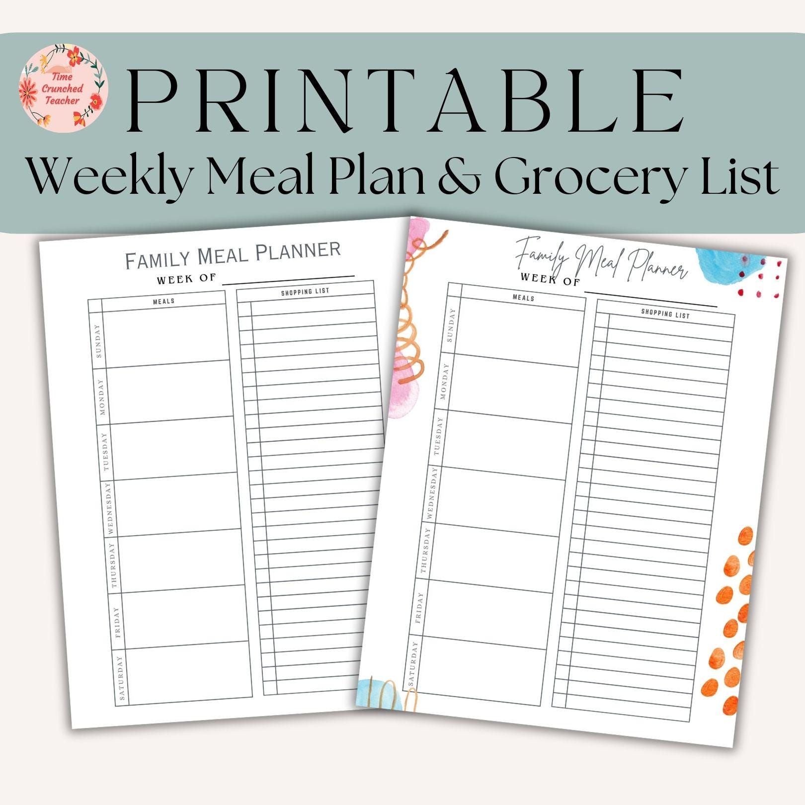 Meal Planner Printable, Weekly Food Diary, Meal Tracker, Food Journal, Menu Plan, Grocery List, Fitness, Health, Minimalist | PDF download