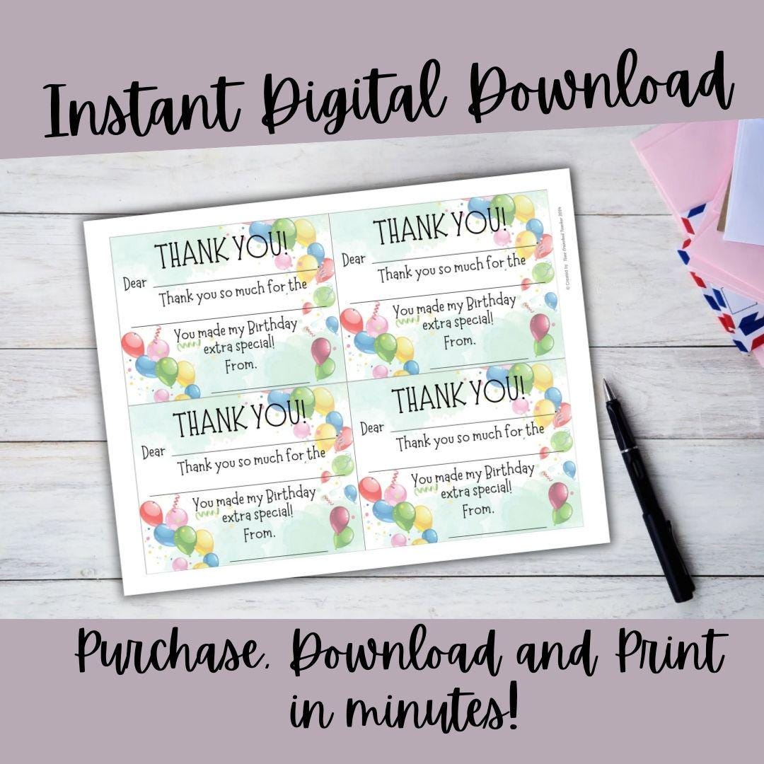 Printable Fill In the Blank Thank You Cards | Fill in the Blank | Kids Thank You Cards | Kids Birthday Party | Digital Download | Printable