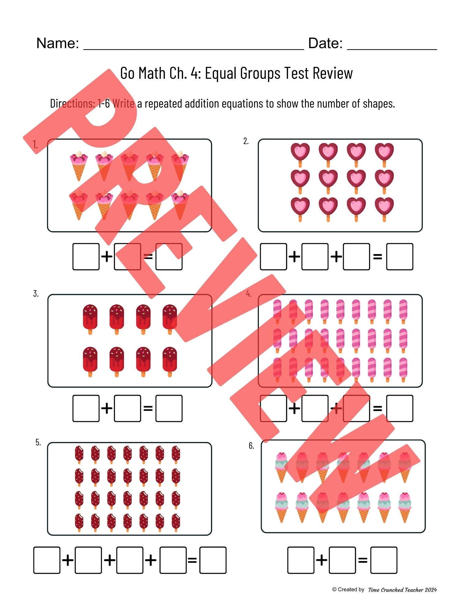 Printable 2nd Grade Go Math Ch. 4 : Equal Groups | Math Practice Test | Even and Odd Math Lesson | Printable Math Practice | 2nd Grade