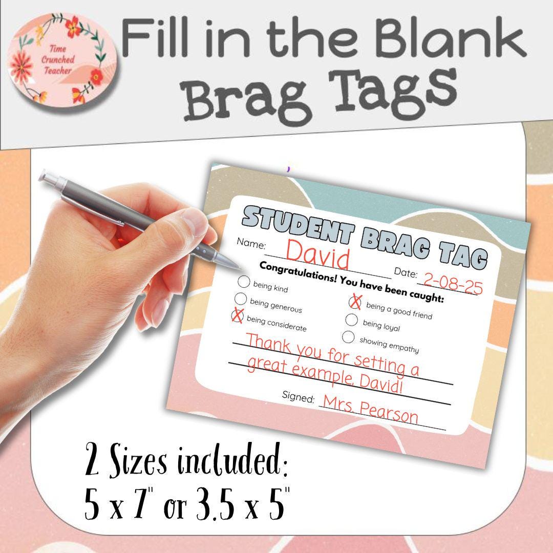 Printable Pastel Fill In the Blank Brag Tags | Teacher Notecards | Happy Note | Teacher Parent Communication | Digital Download | Printable