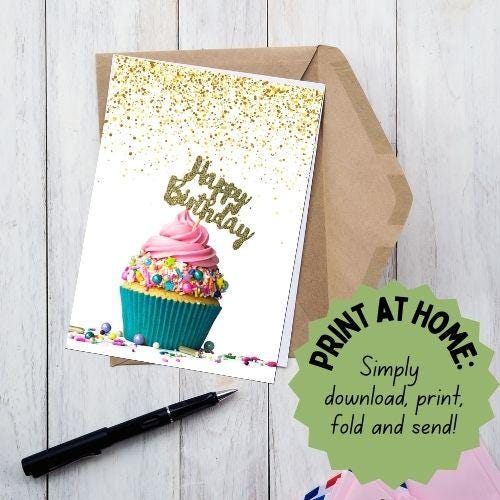 Printable Foldable Birthday Card | 5 x7 Card | Birthday Card for Kids | Cake | Birthday Cupcake Cake| Print at home | Digital Download
