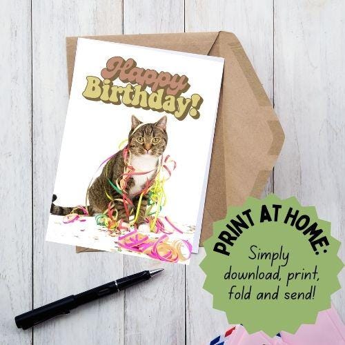 Printable Foldable Birthday Card | 5 x7 Card | Birthday Card for Kids | Cake | Birthday Cat Party | Print at home | Digital Download
