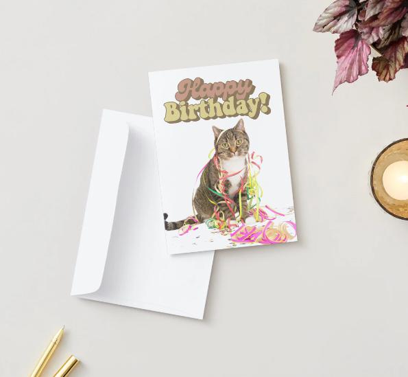Printable Foldable Birthday Card | 5 x7 Card | Birthday Card for Kids | Cake | Birthday Cat Party | Print at home | Digital Download