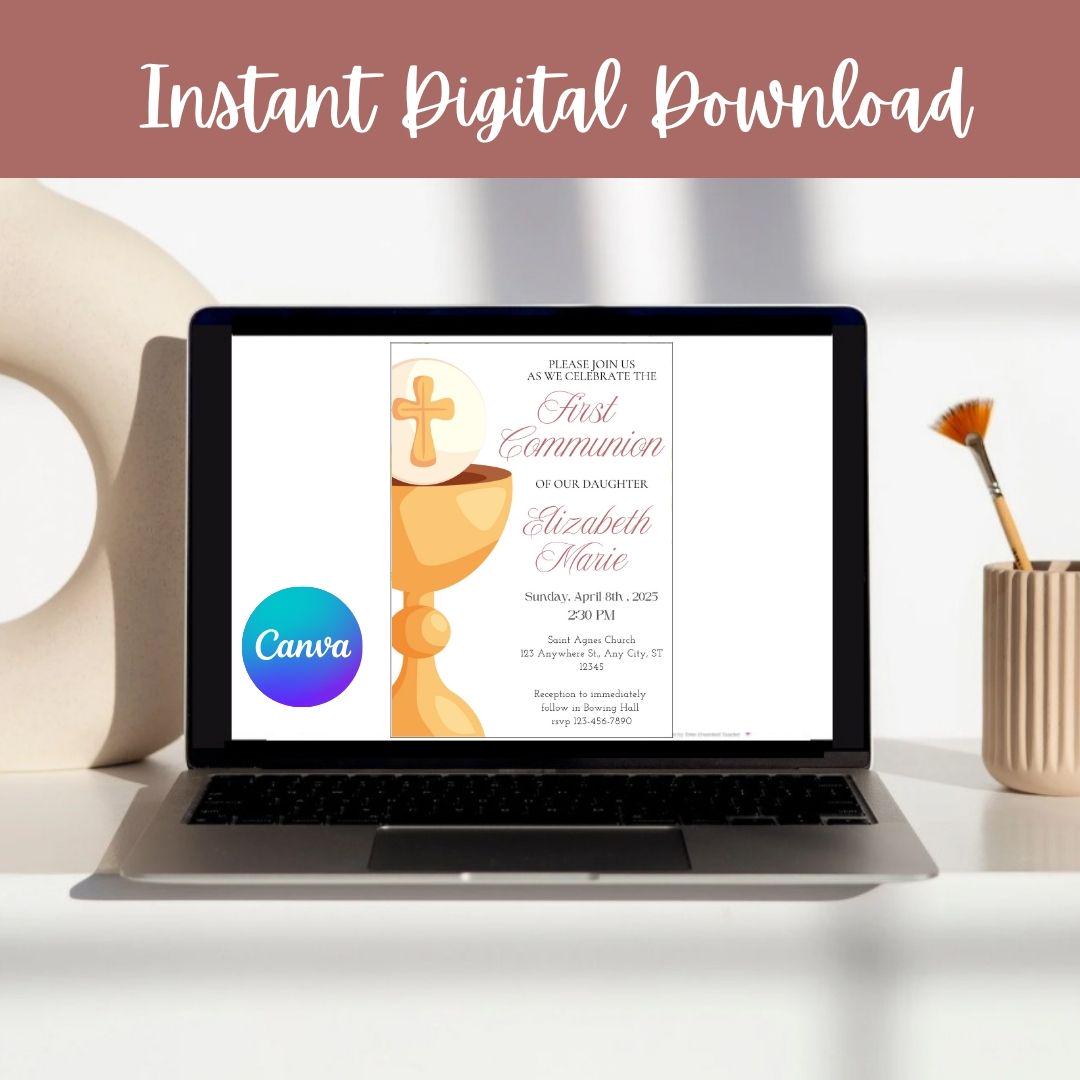 Printable First Communion Invitation | Holy Communion Card | Editable First Communion Invitation | Catholic Sacraments | Canva Template