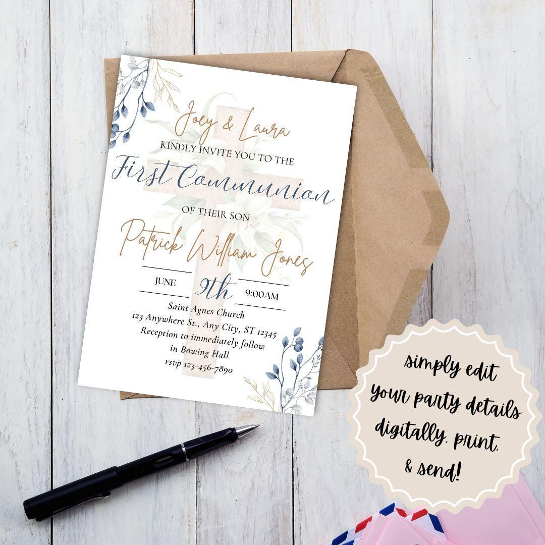 Printable First Communion Invitation | Holy Communion Card | Editable First Communion Invitation | Catholic Sacraments | Canva Template