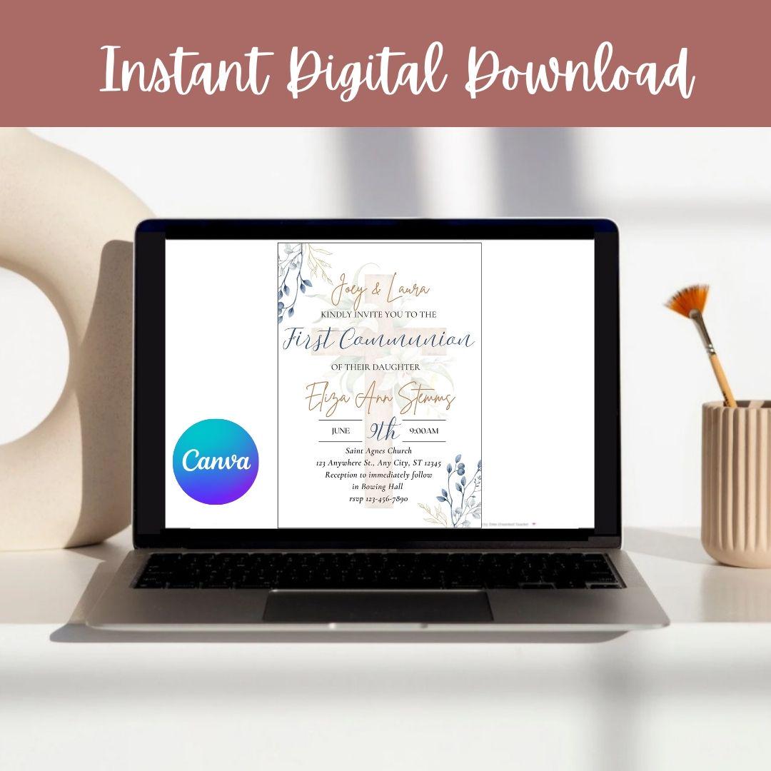 Printable First Communion Invitation | Holy Communion Card | Editable First Communion Invitation | Catholic Sacraments | Canva Template