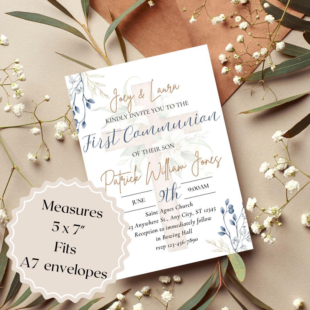 Printable First Communion Invitation | Holy Communion Card | Editable First Communion Invitation | Catholic Sacraments | Canva Template