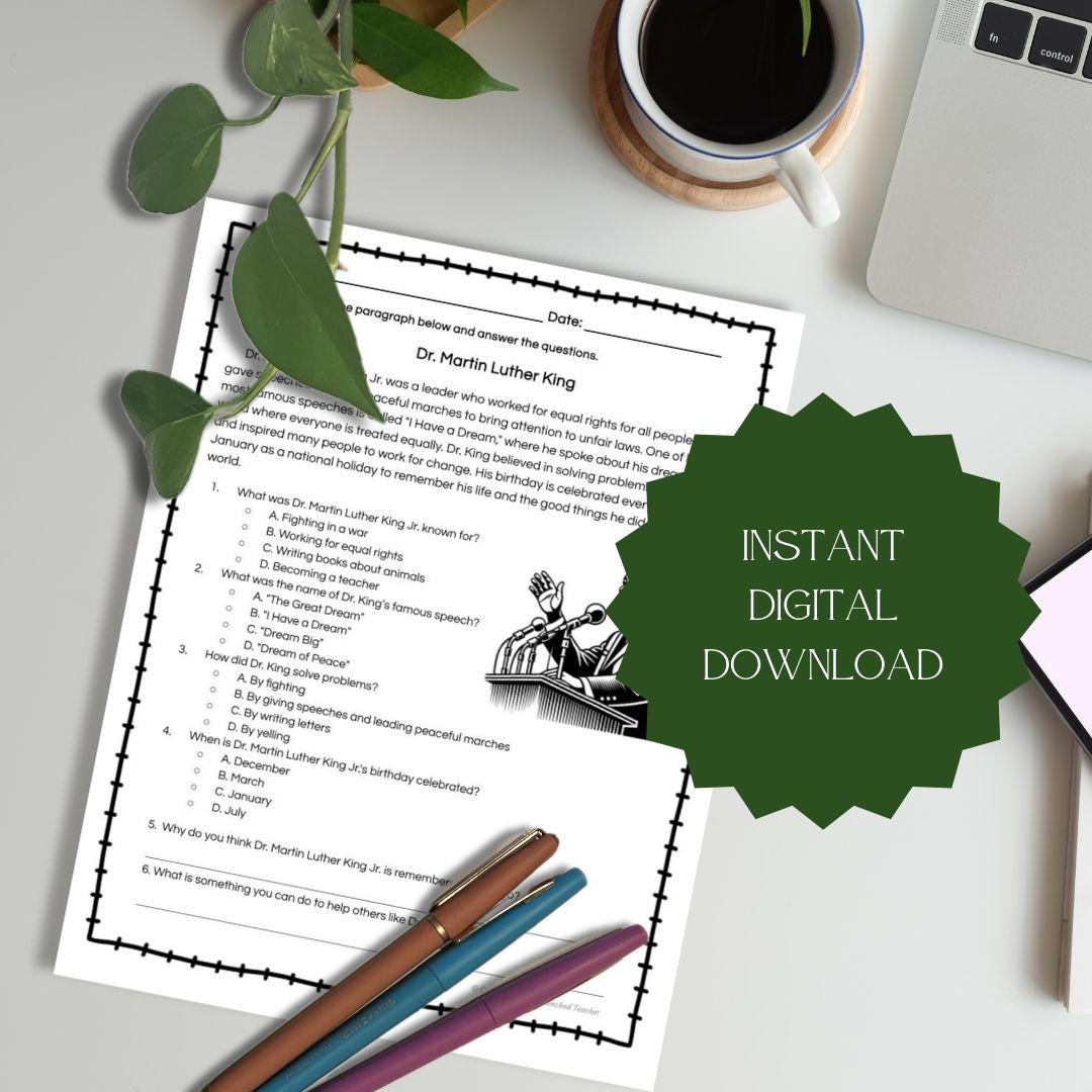 Martin Luther King, Jr. Bio for Kids | MLK Day Lesson for kids | Martin Luther King Quiz | Digital Download | Reading Passage and Questions