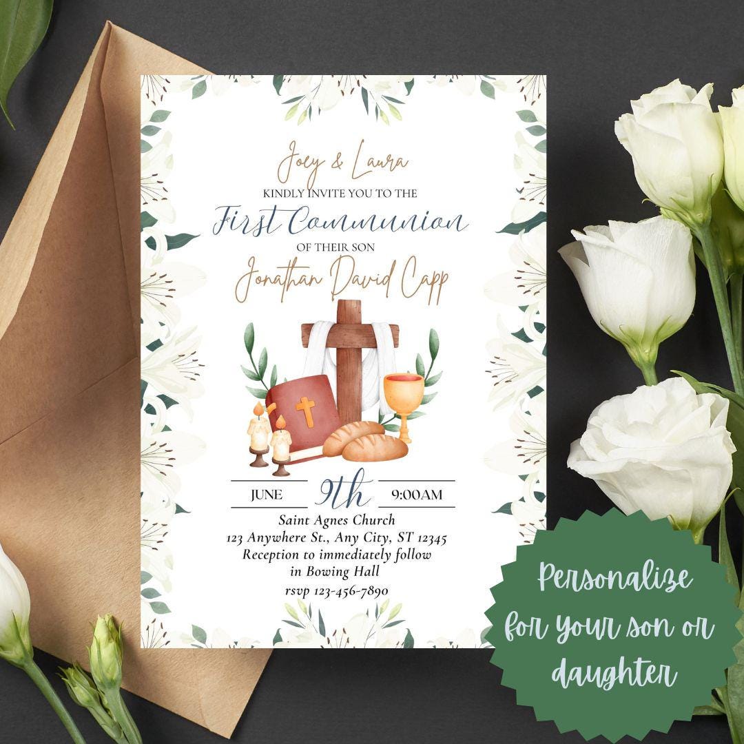 Printable First Communion Invitation | Holy Communion Card | Editable First Communion Invitation | Catholic Sacraments | Canva Template
